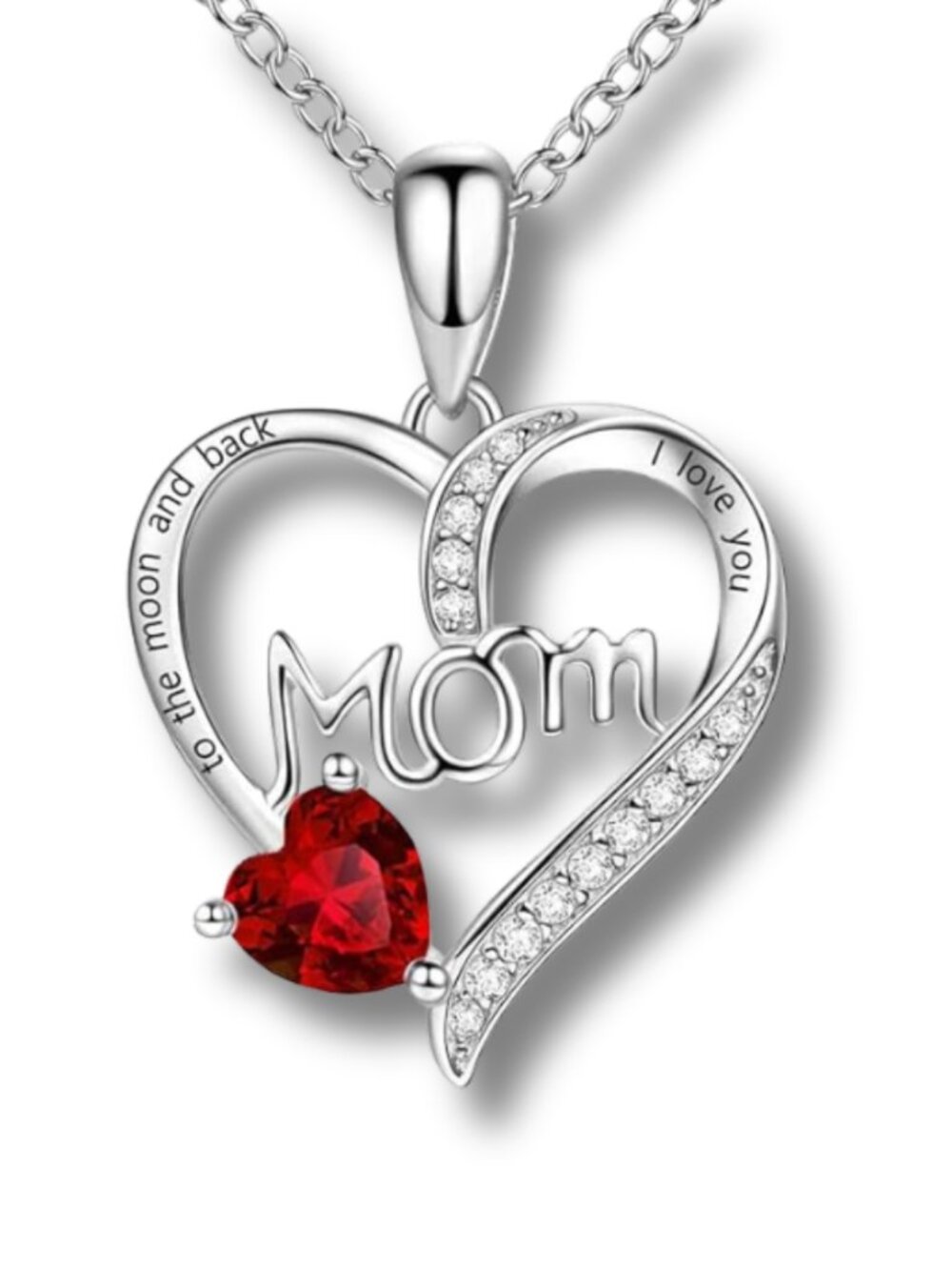 Mom Heart Necklace Stainless Steel Red Crystal Pendant Gift for Mom